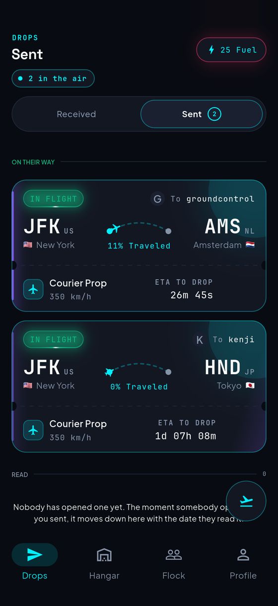AirParcel Drops screen: two letters in flight from New York, to Amsterdam and to Tokyo, with time left to landing