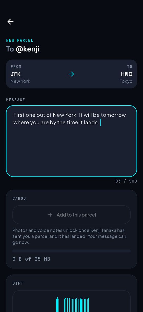 Compose screen: a new parcel to @kenji from JFK New York to HND Tokyo