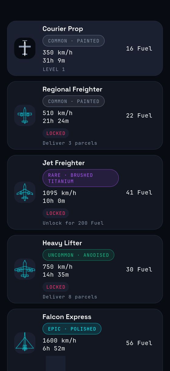 Aircraft picker listing five aircraft with speed, flight time and Fuel cost