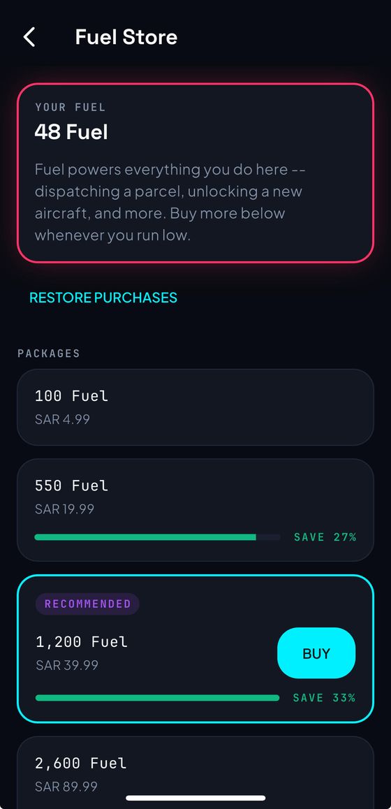 The Fuel Store in AirParcel, with four Fuel packages and the 1,200 Fuel pack recommended
